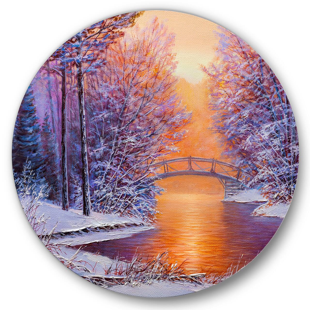 Designart - Bridge Over The River In Winter Landscape - Traditional Metal Circle Wall Art